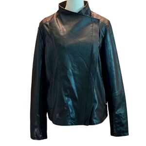 Ookie & Lala Black Faux Leather Moto Jacket Asymmetrical Collar Women size XL